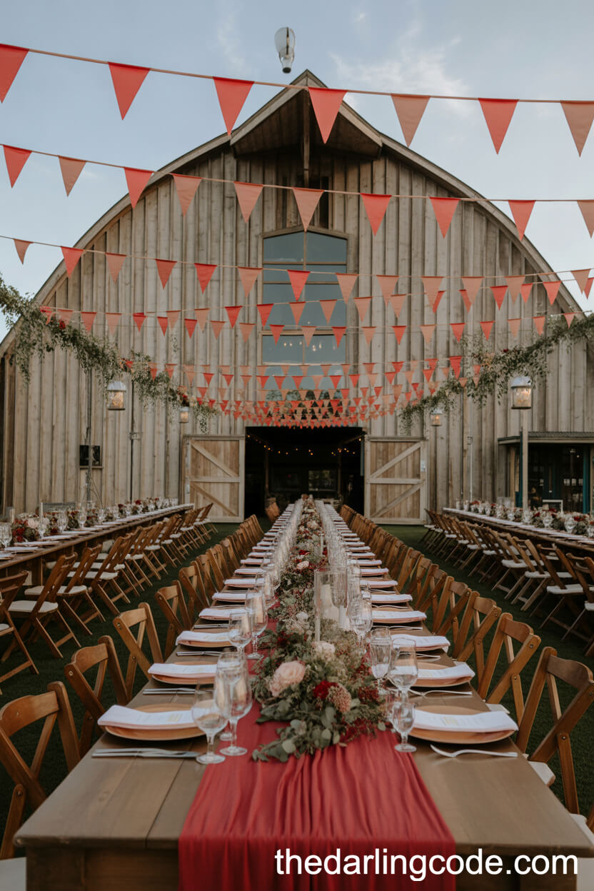 Rustic Barn Decor With Red Bunting And Garlands