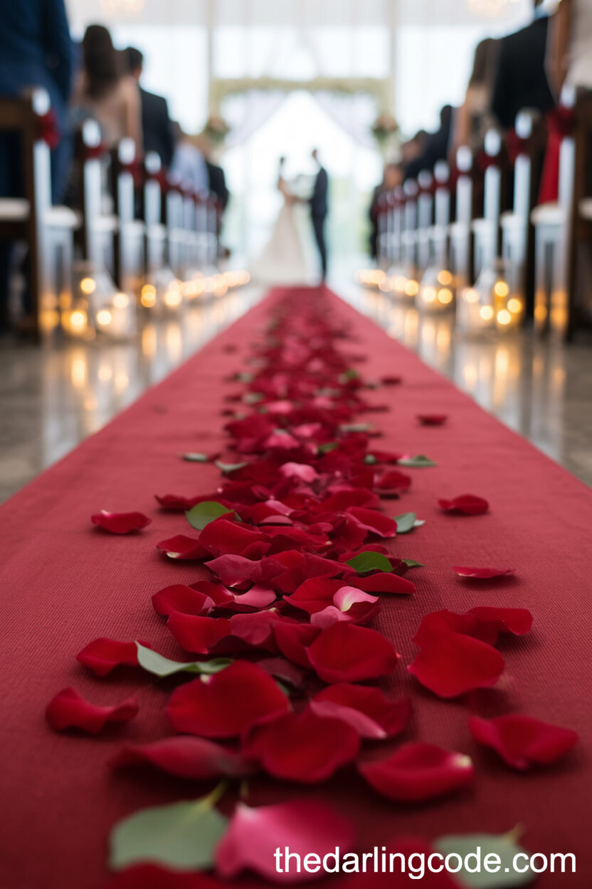 Red Velvet Aisle Runner With Rose Petals
