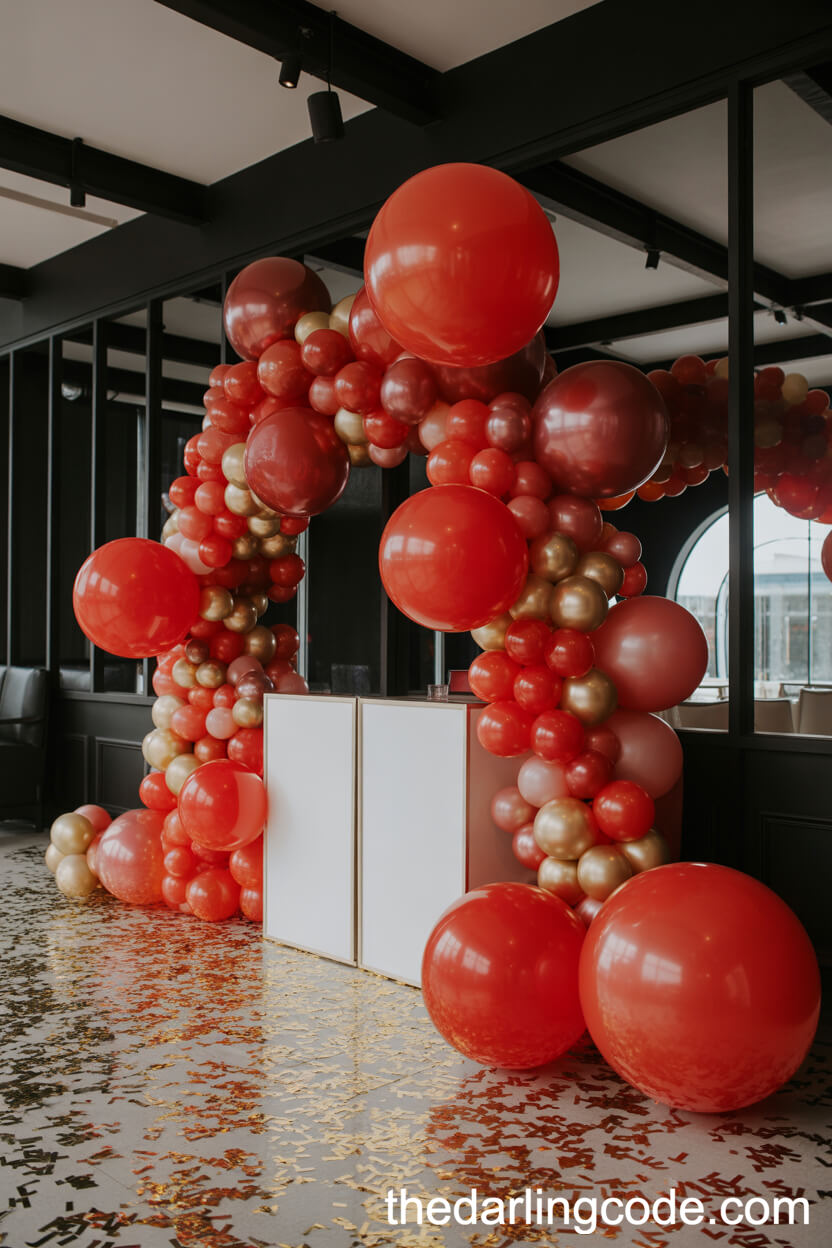 Red Balloon Arch Installation At The Dance Floor