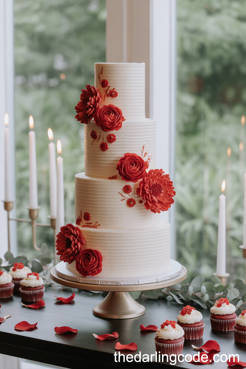 White Wedding Cake With Red Sugar Flowers