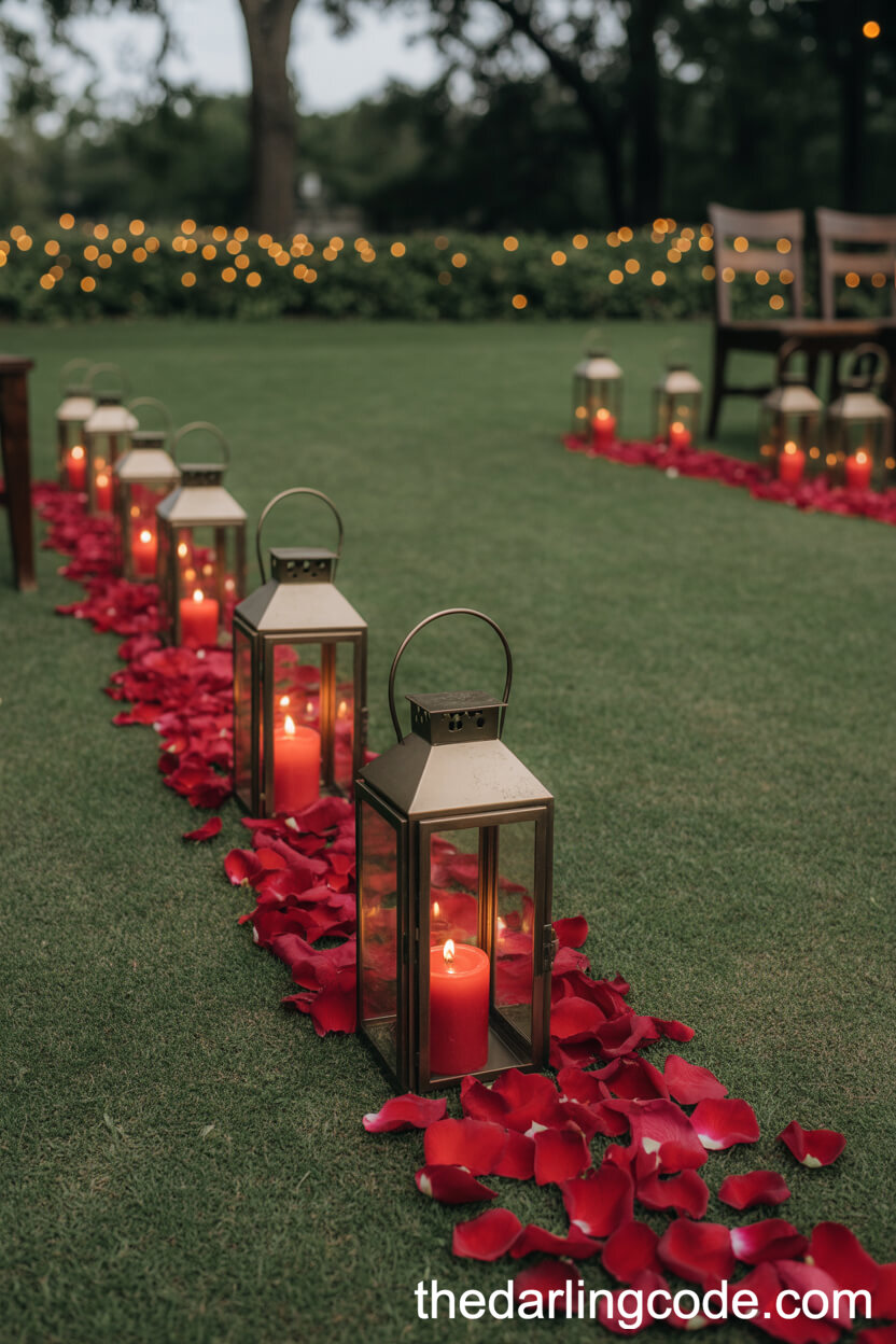 Vintage Lanterns With Red Candles Lining The Aisle