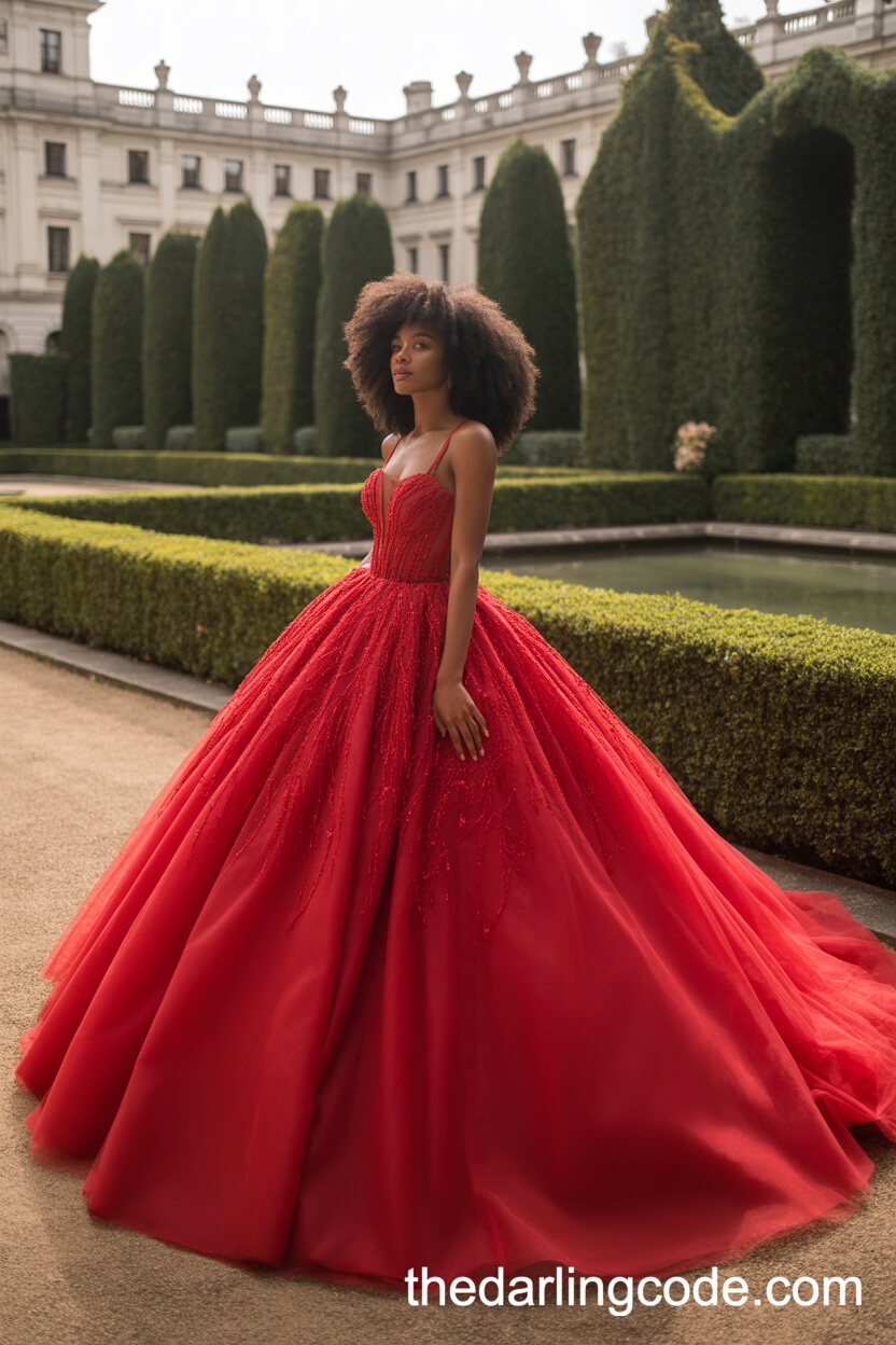 Dramatic Red Ball Gown With Voluminous Tulle And Crystal Embroidery