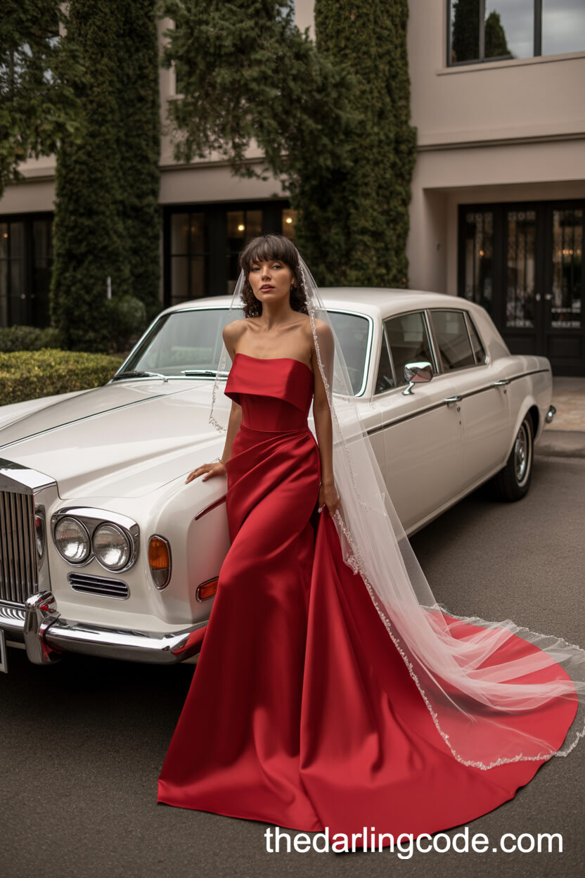 Strapless Red Satin Wedding Dress With Sculptural Bodice And Cathedral Veil