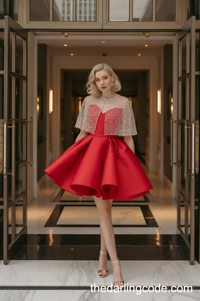 Short Red Wedding Dress With Sparkling Beaded Capelet