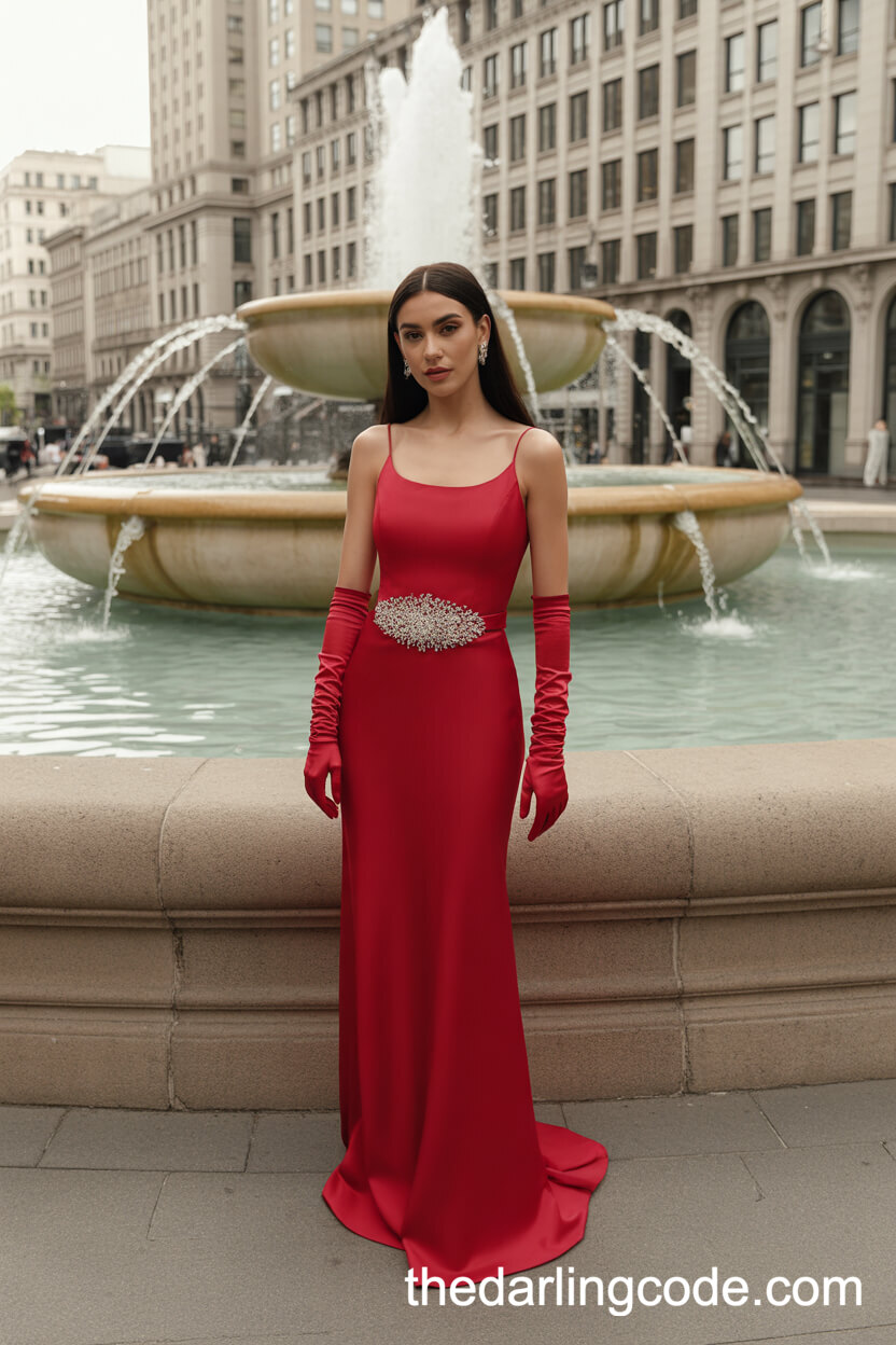 Minimalist Red Column Wedding Dress With Crystal Statement Belt
