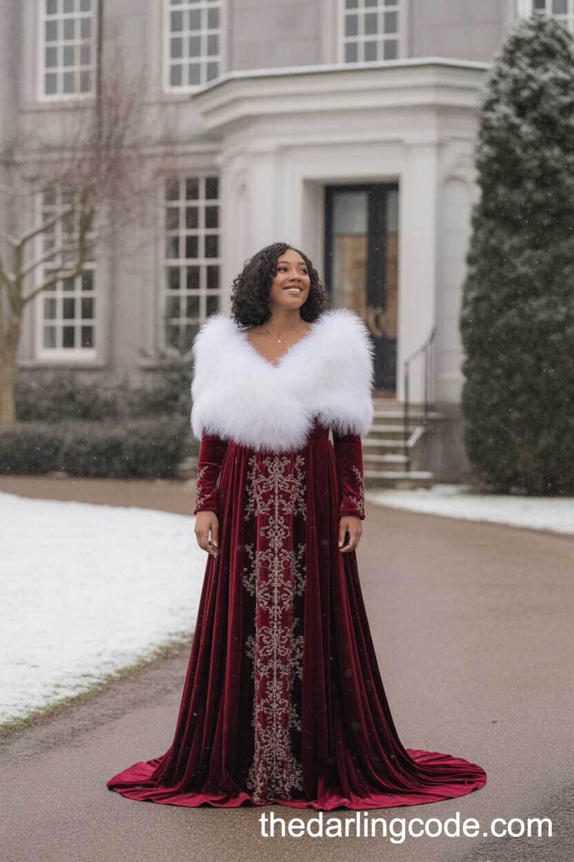 Sumptuous Velvet Red Long-Sleeved Wedding Dress With Silver Embroidery