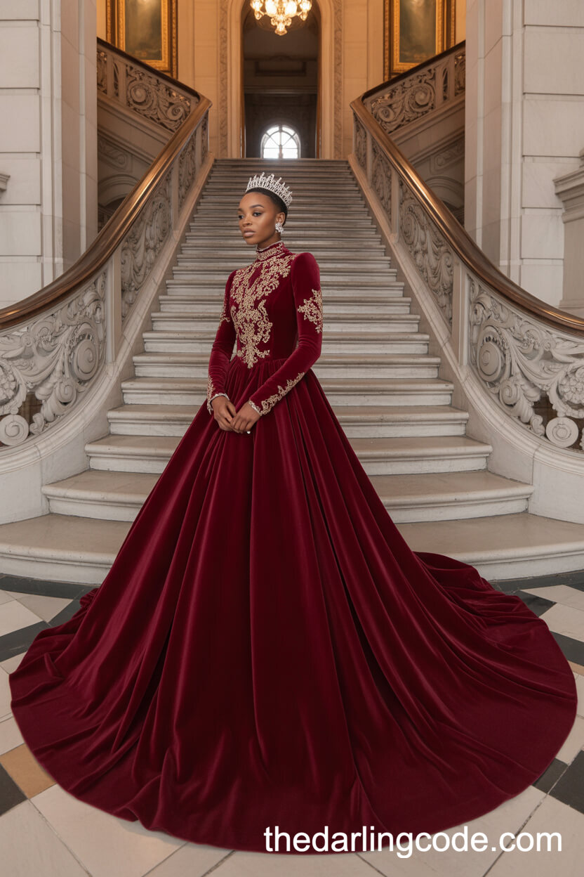 Dramatic Deep Red Velvet Wedding Gown With Gold Embroidery And Tiara
