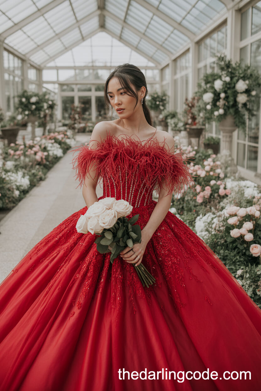 Extravagant Red Ball Gown Dress With Feather Accents And Crystal Bodice