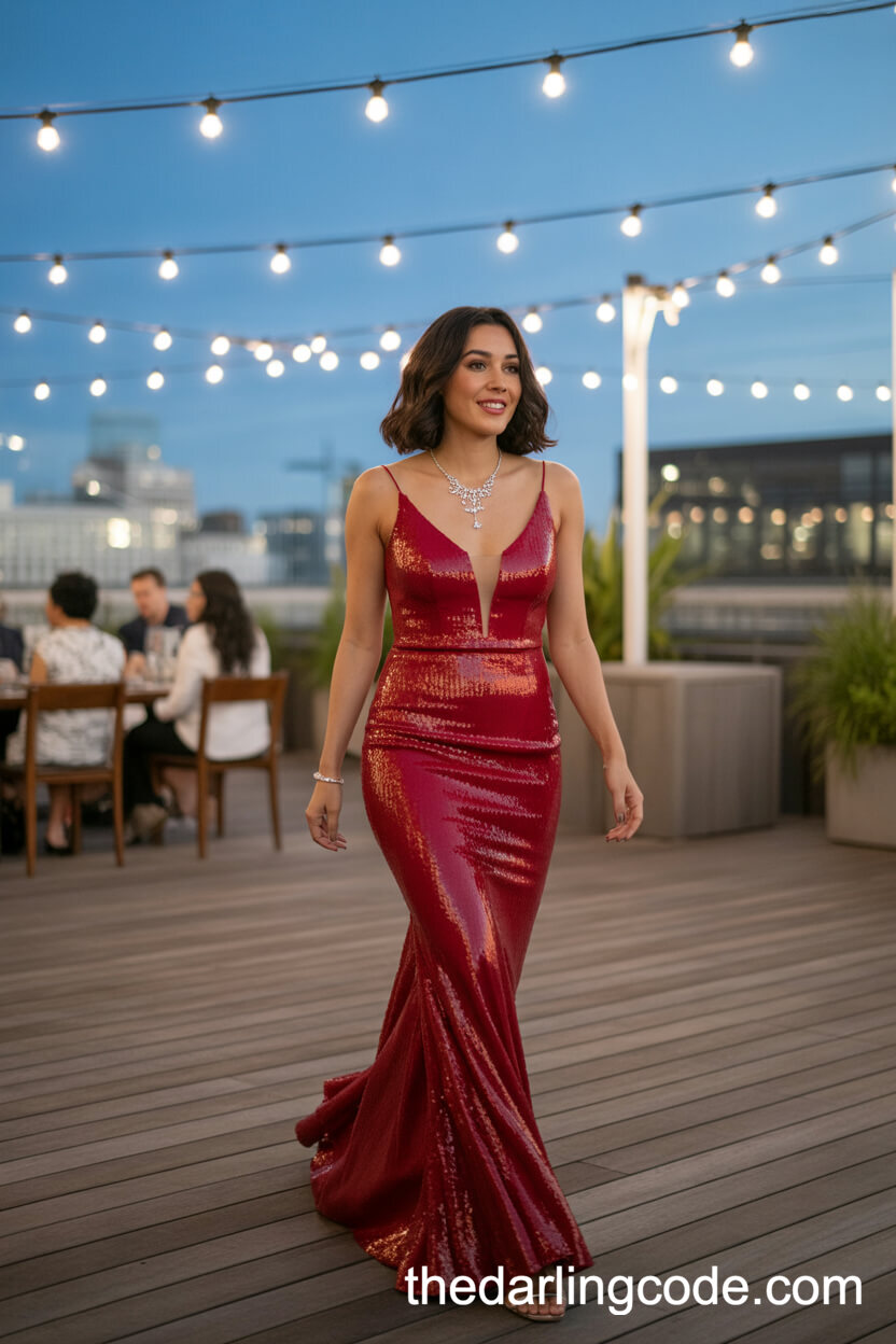Stunning Floor-Length Red Sequin Wedding Dress