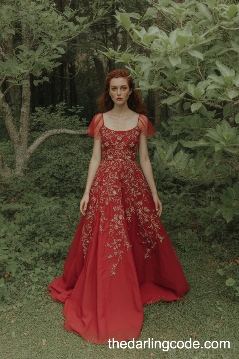 Exquisite Red A-Line Gown With Sheer Cap Sleeves And Silver Embroidery