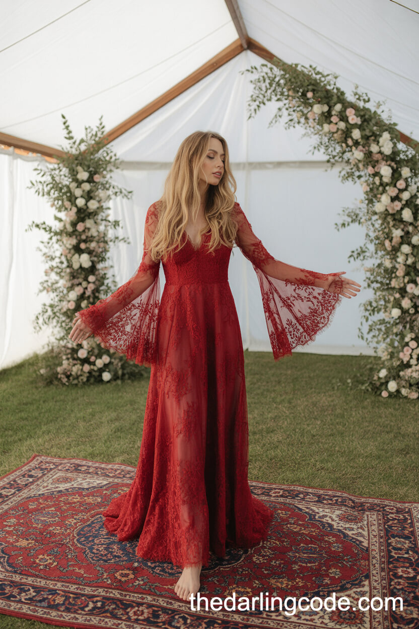 Luxurious Bohemian Red Lace Wedding Dress With Sheer Bell Sleeves
