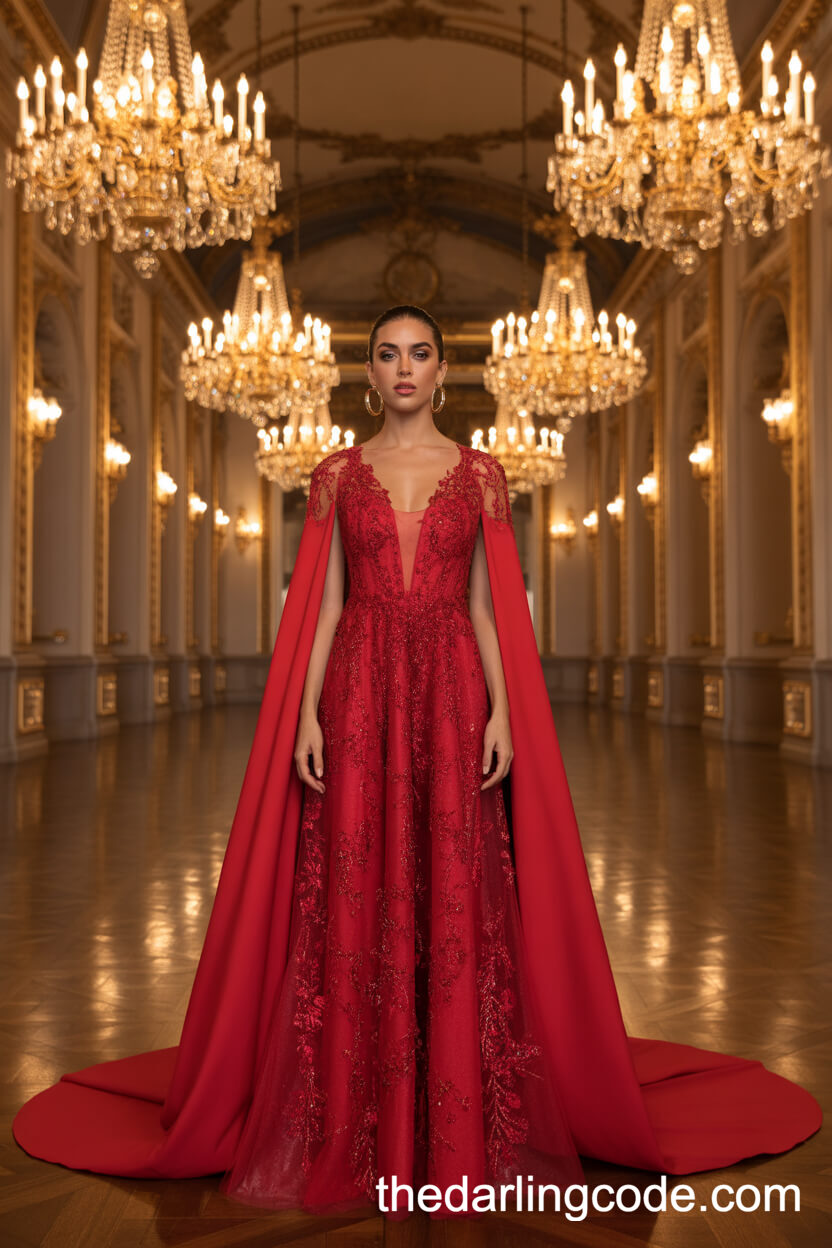Haute Couture Red Wedding Dress With Intricate Bead Embroidery And Cape