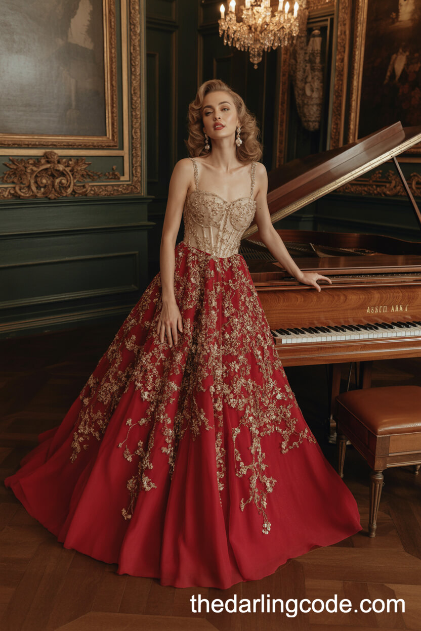 Lavish Red Wedding Gown With Gold Appliqué And Structured Corset
