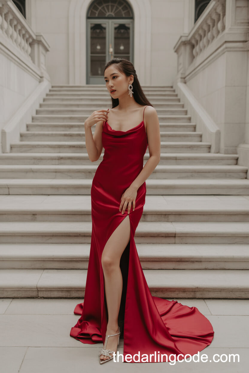 Bespoke Red Silk Slip Dress With Thigh-High Slit
