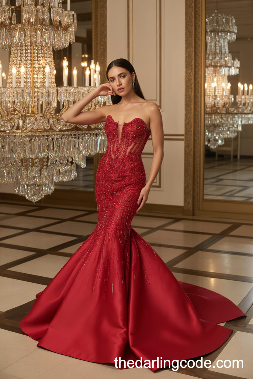 Couture Fitted Red Mermaid Wedding Gown With Sparkling Beadwork