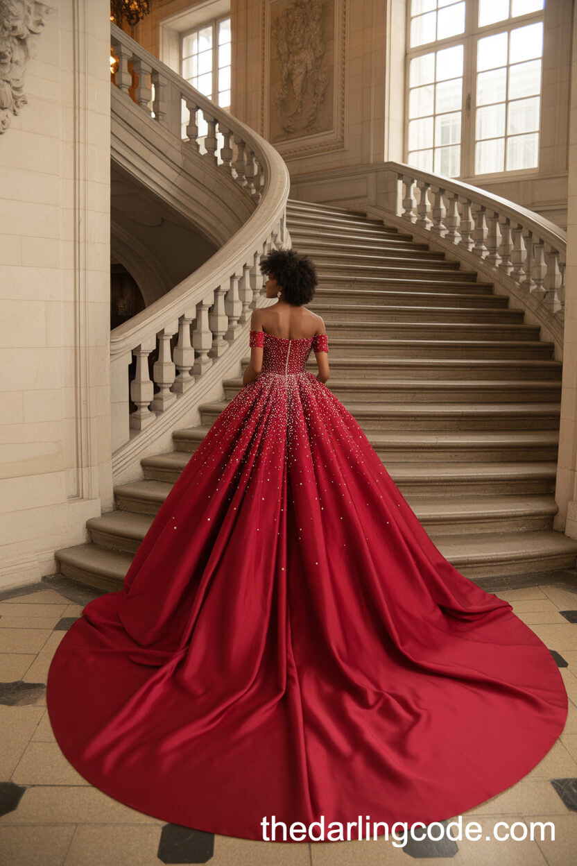 Majestic Off-The-Shoulder Red Ball Gown With Pearl Details