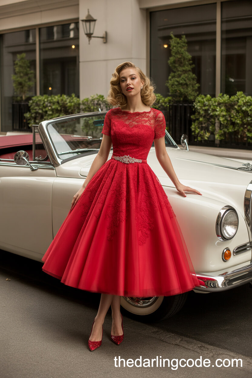 Vintage-Inspired Red Tea-Length Wedding Dress With Lace Overlay