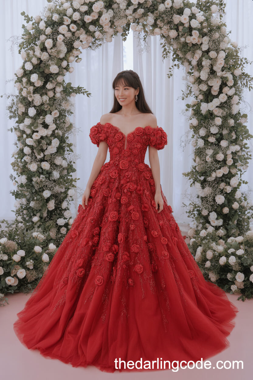Designer Red Wedding Dress With 3D Floral Appliqués