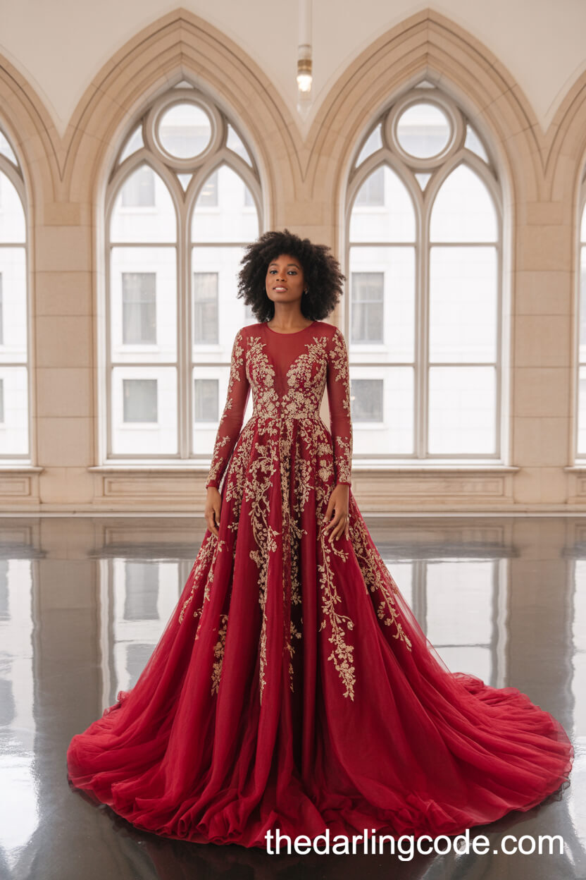 Regal Sheer Red Gown With Hand-Embroidered Gold Designs