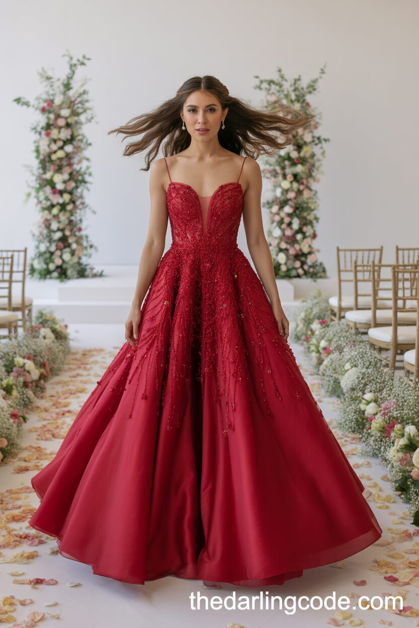 Handcrafted Red A-Line Bridal Gown With Silk Organza Skirt