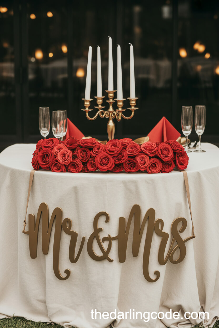 Sweetheart Table With Red Floral Runner