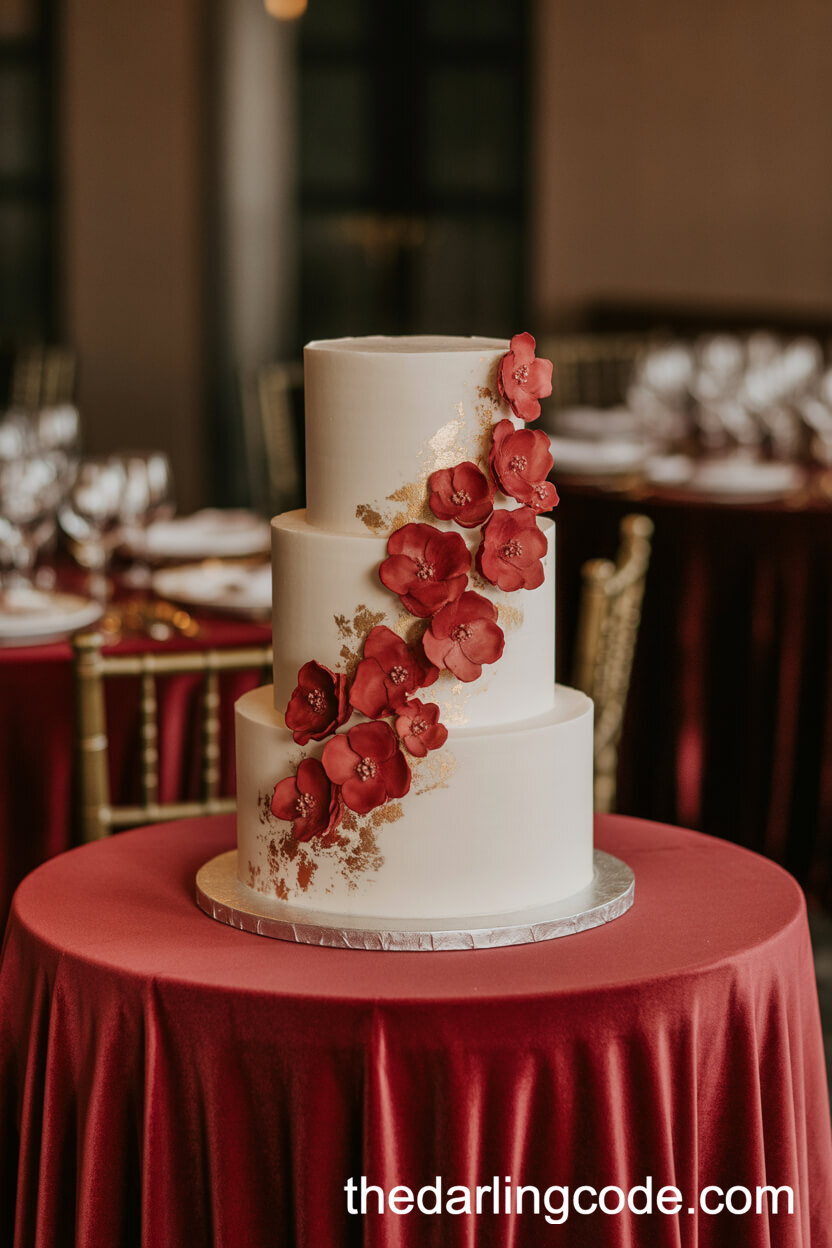White Wedding Cake With Red Florals