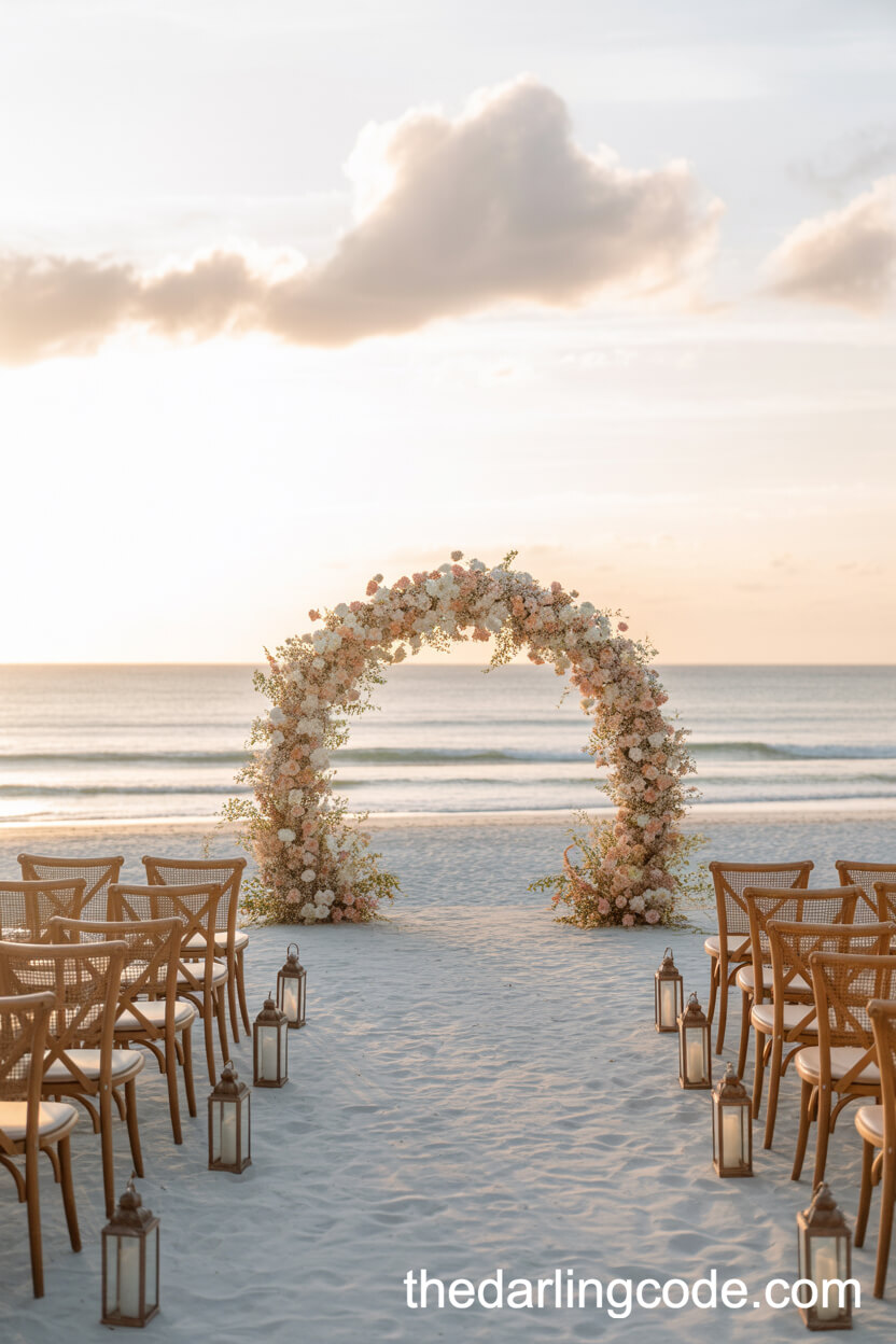 Sunset Ceremony With Elegant Floral Arch And Lantern-Lit Aisle