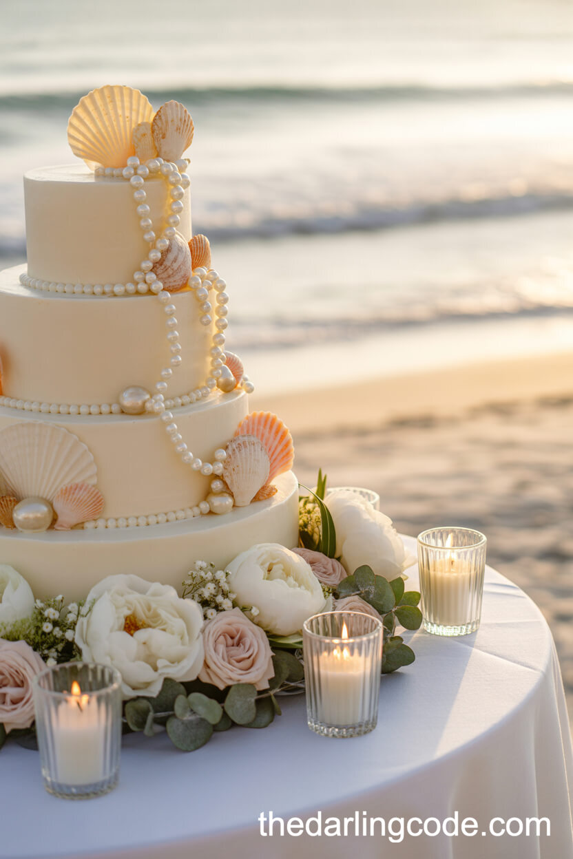 Elegant Seaside Cake Display With Edible Pearls And Fresh Flowers