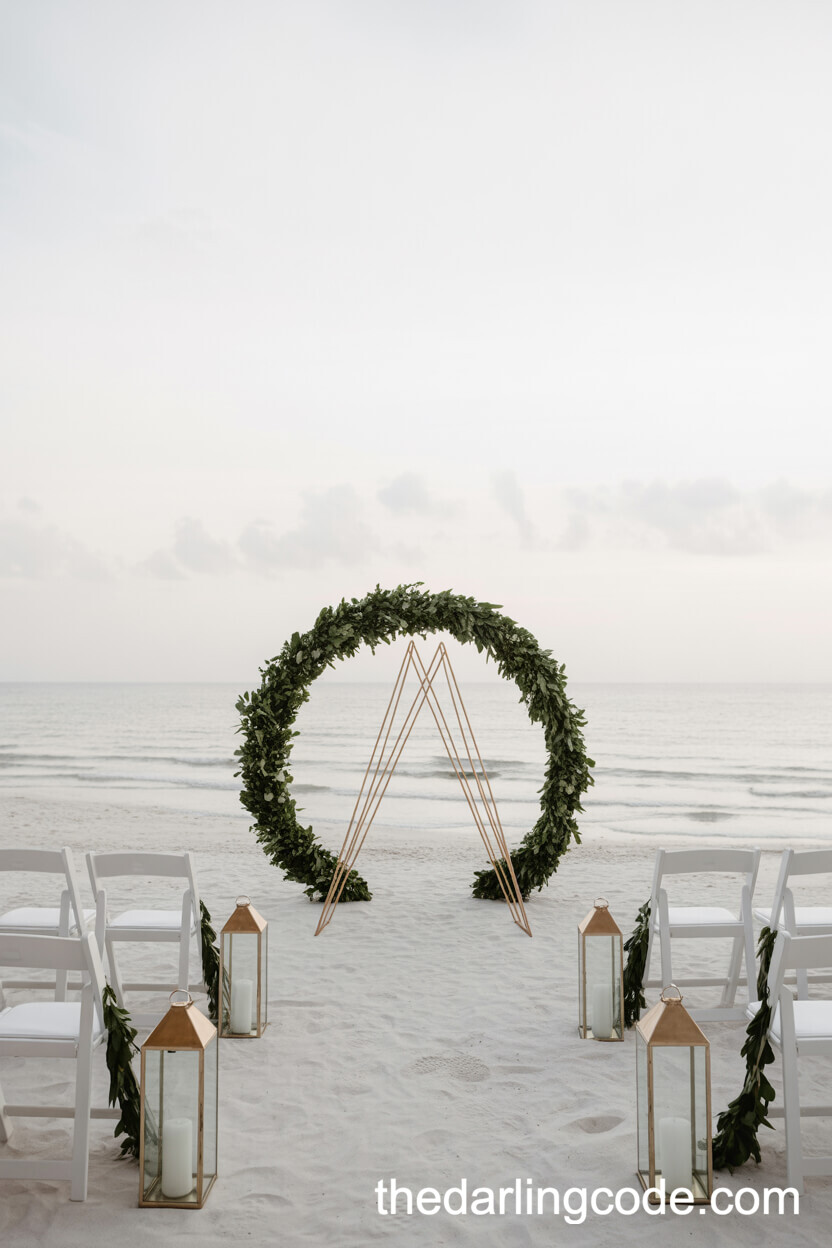 Minimalist Green And White Ceremony With Geometric Arch And Modern Style