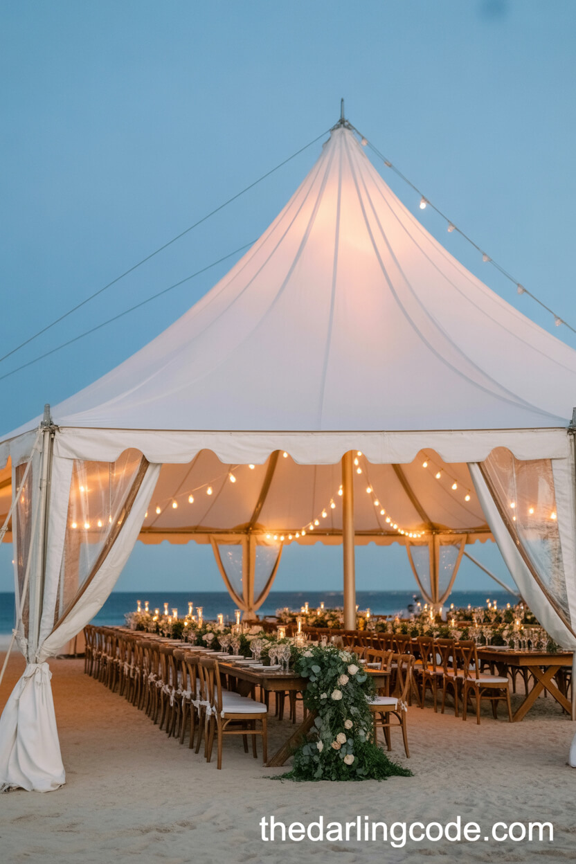 Classic Sailcloth Tent Reception With Bistro Lights And Greenery Centerpieces