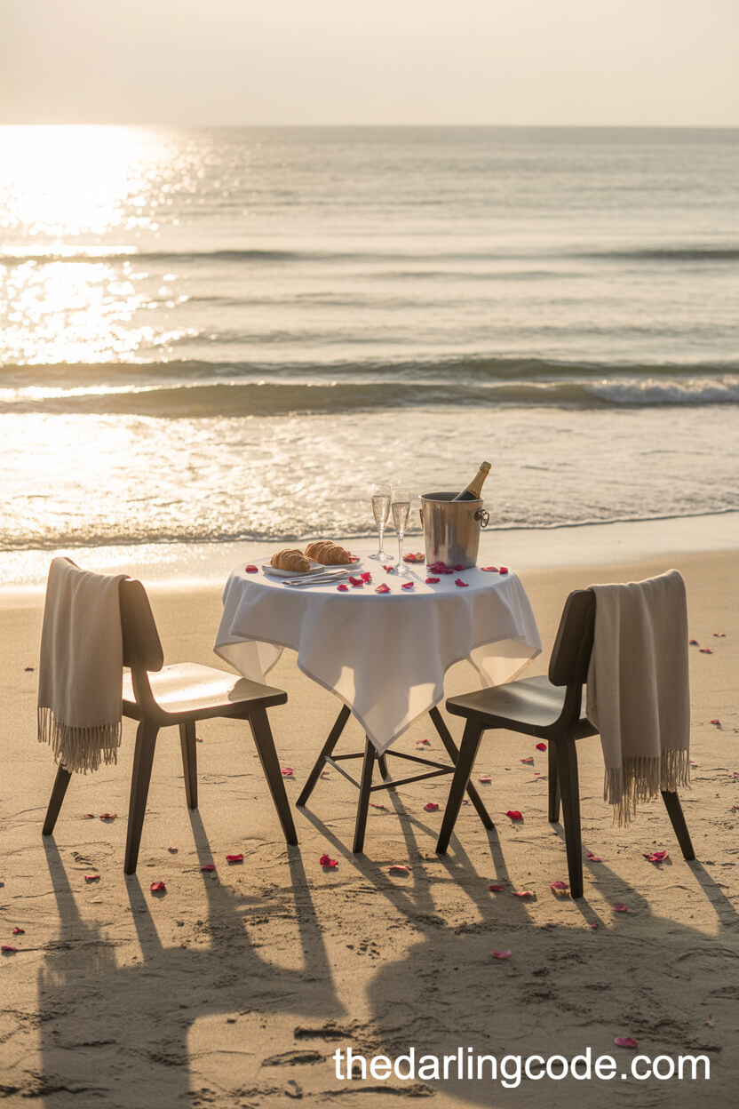 Romantic Morning Beach Breakfast With Champagne And Rose Petals