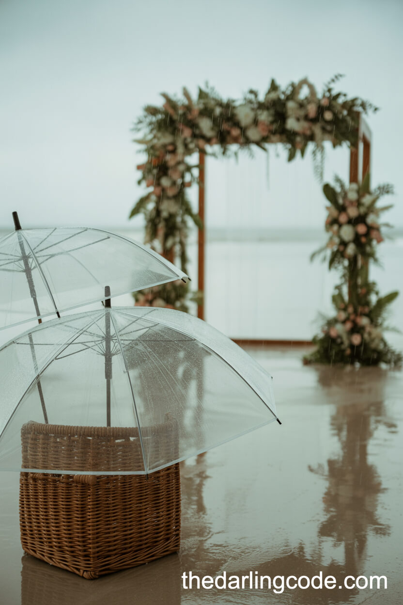 Dreamy Rainy Beach Wedding With Transparent Umbrellas And Reflections