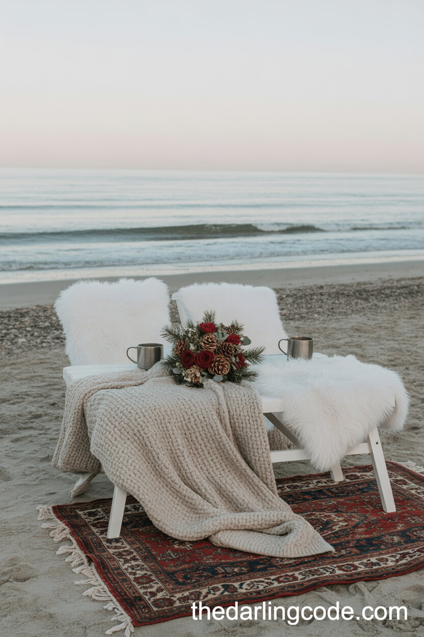 Cozy Winter Beach Wedding Setup With Blankets And Warm Accents