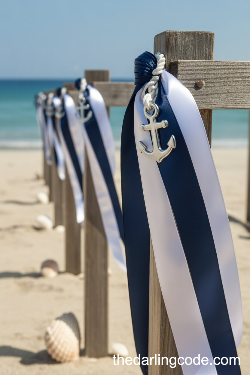 Nautical Ribbon And Anchor Aisle Decor For A Coastal Touch