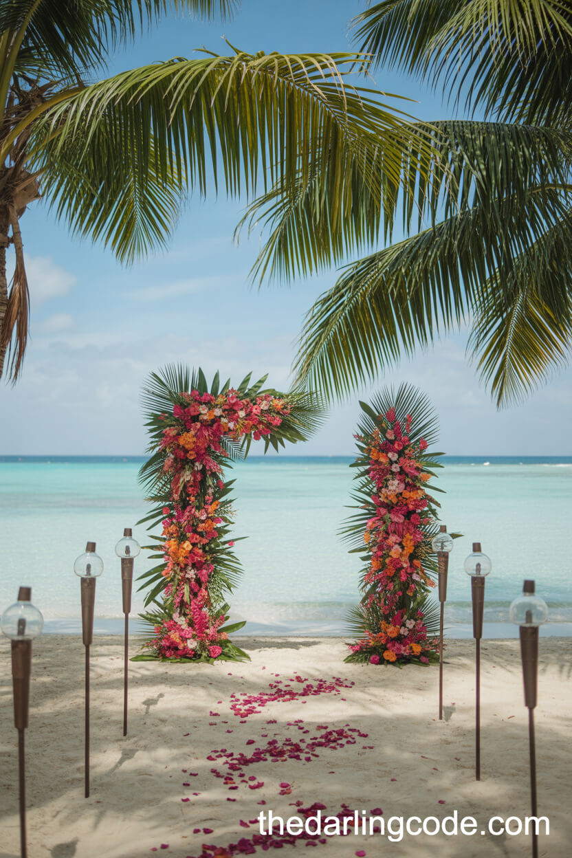 Tropical Floral Archway Amid Palms And Torches For A Vibrant Entrance
