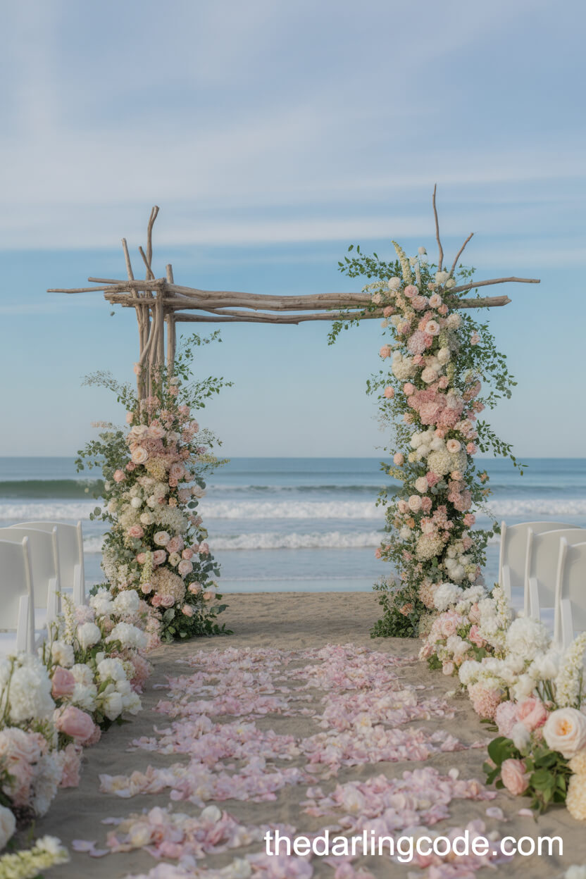 Springtime Driftwood Arch With Lush Pastel Flowers And Petal-Covered Aisle