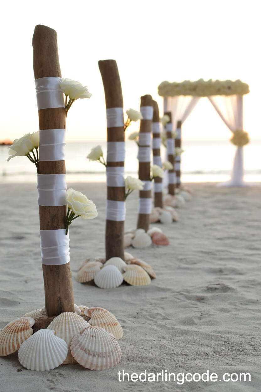 Creative Driftwood And Ribbon Aisle Markers Accented With Floating Flowers