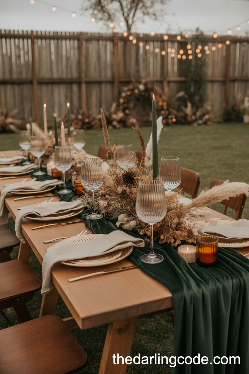 Warm November Table Setting With Dried Florals And Velvet Runners