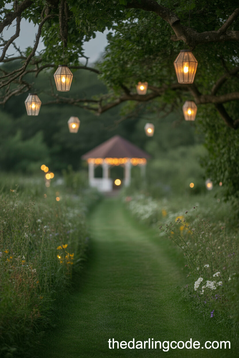 Dusk-Lit Garden Path Illuminated By Hanging Lanterns