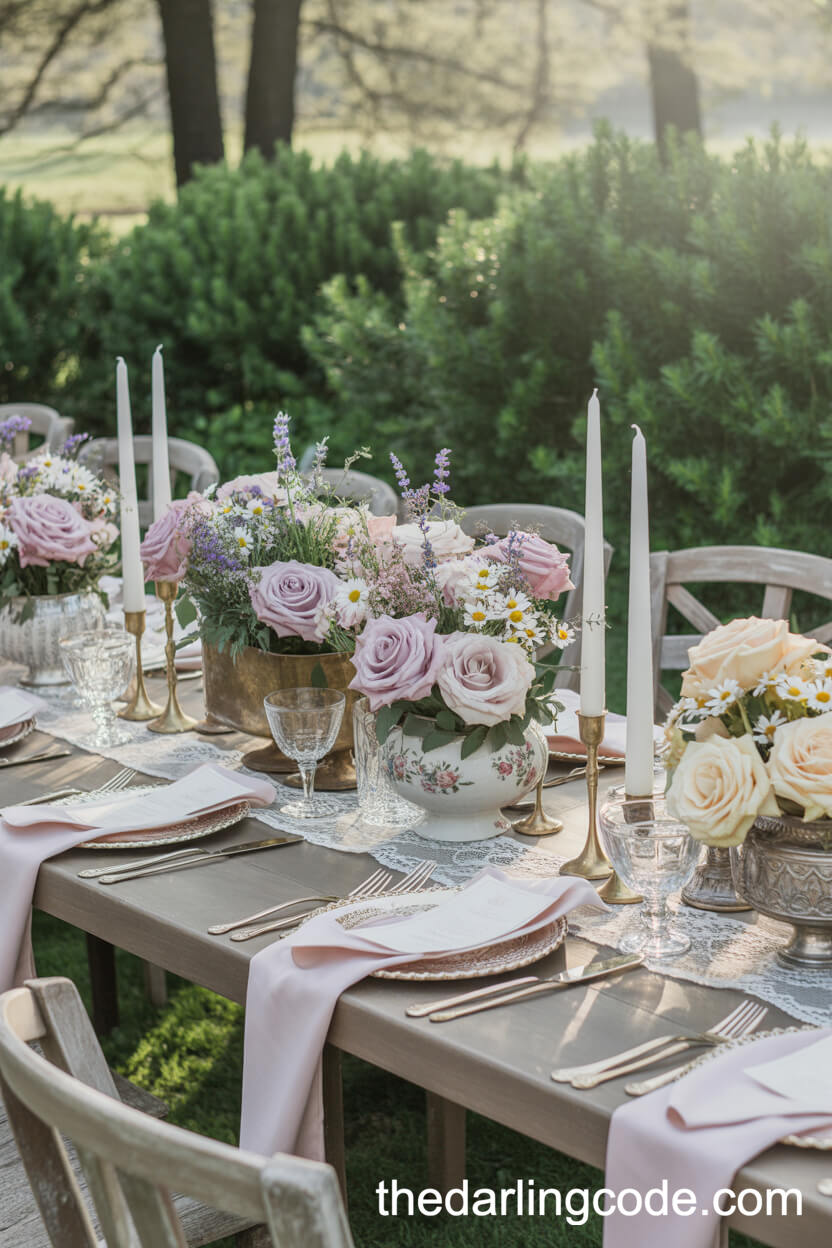 Elegant Vintage Outdoor Dining With Pastel Florals And Lace