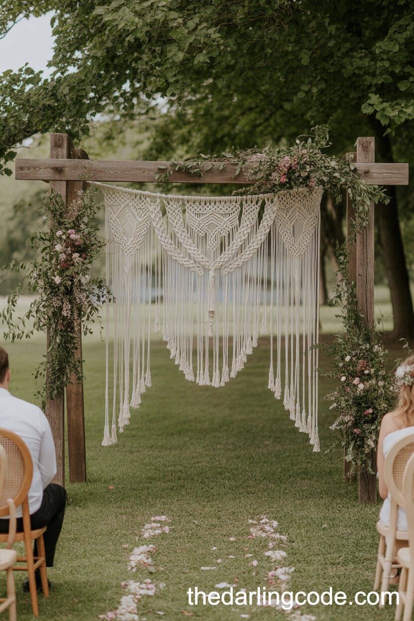 Boho-Chic Ceremony Featuring A Macrame Backdrop And Wildflowers