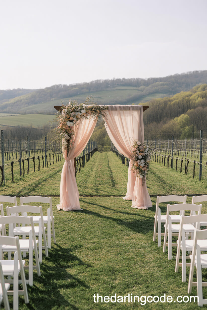 Vineyard Ceremony With Floral-Draped Wooden Arch