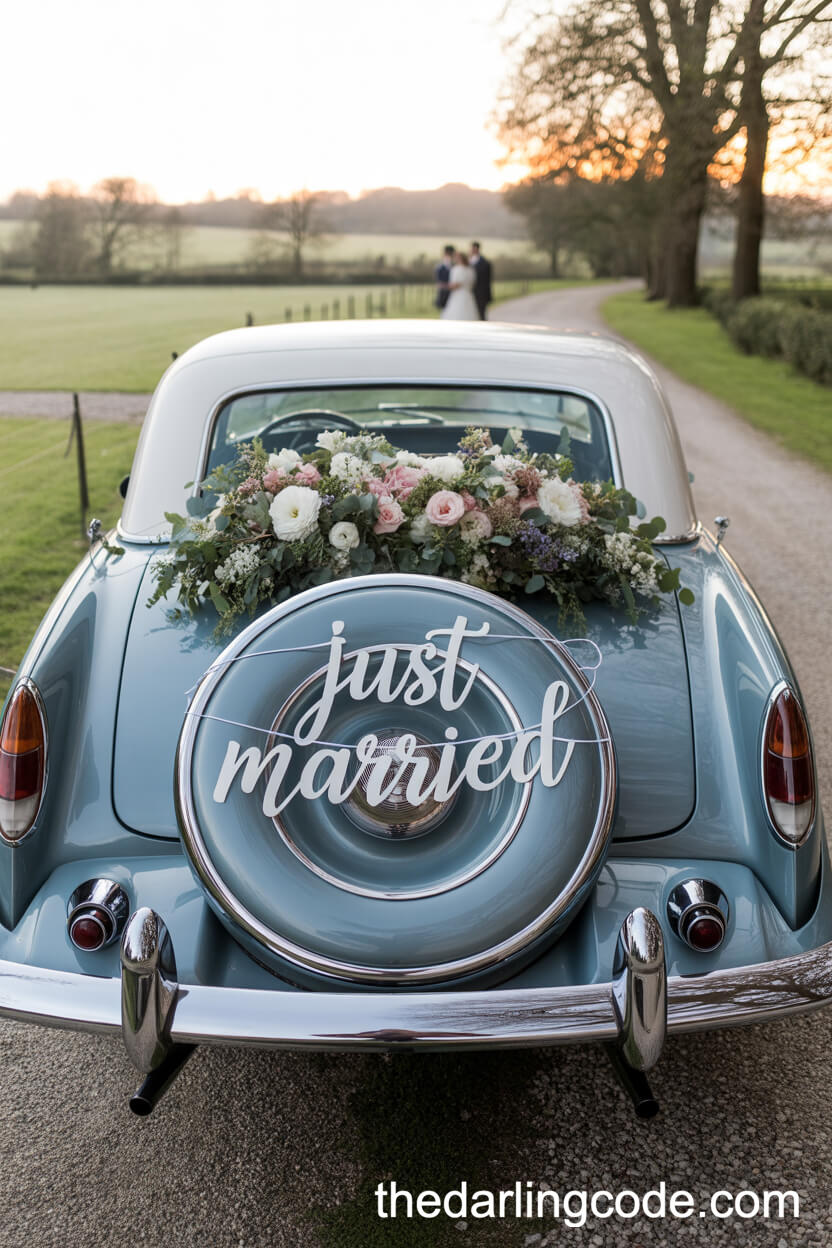 Vintage Wedding Car Decorated With Spring Flowers
