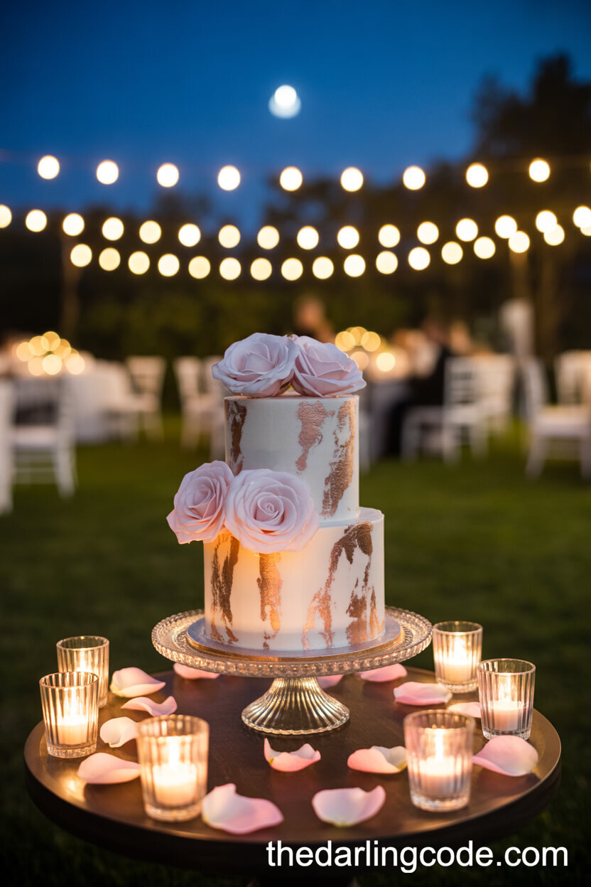 Rose-Gold Marble Cake With Sugar Roses And Candlelight