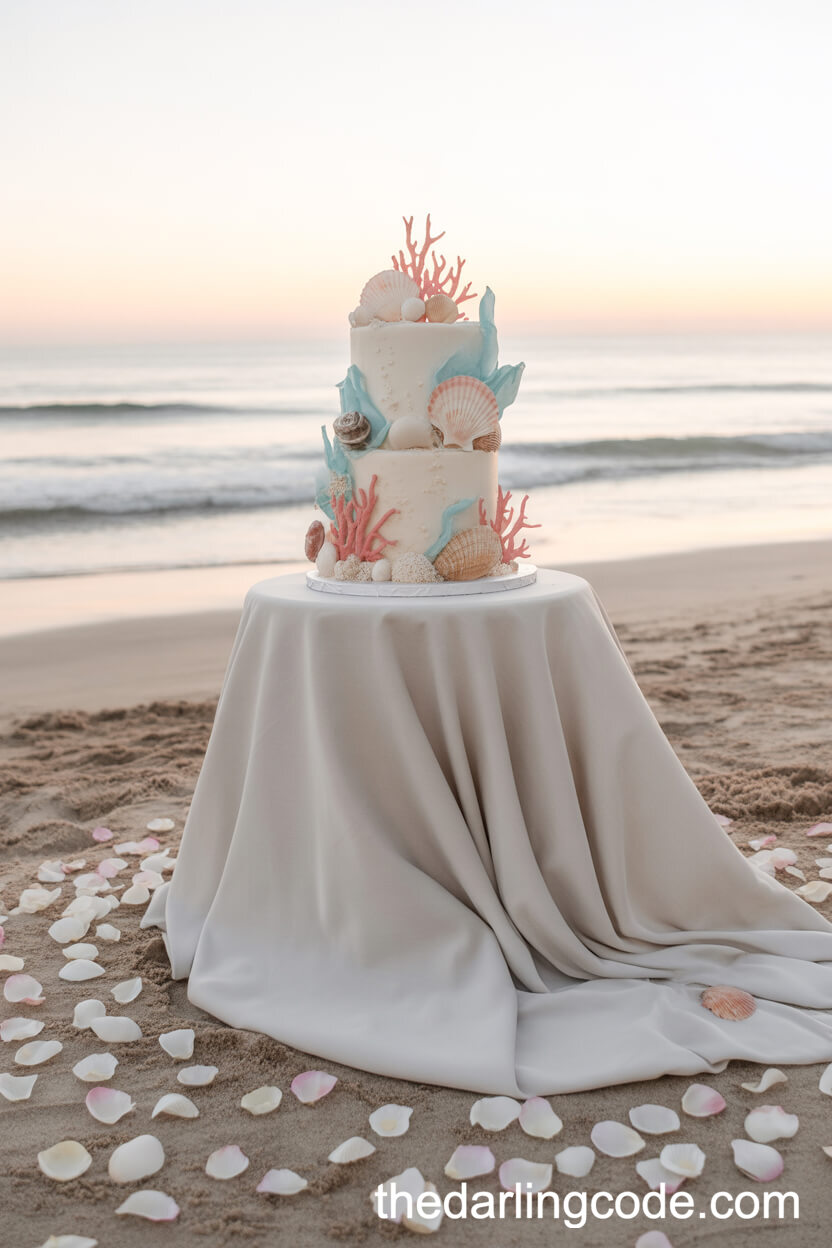 Beach-Inspired Cake With Edible Seashells And Coral