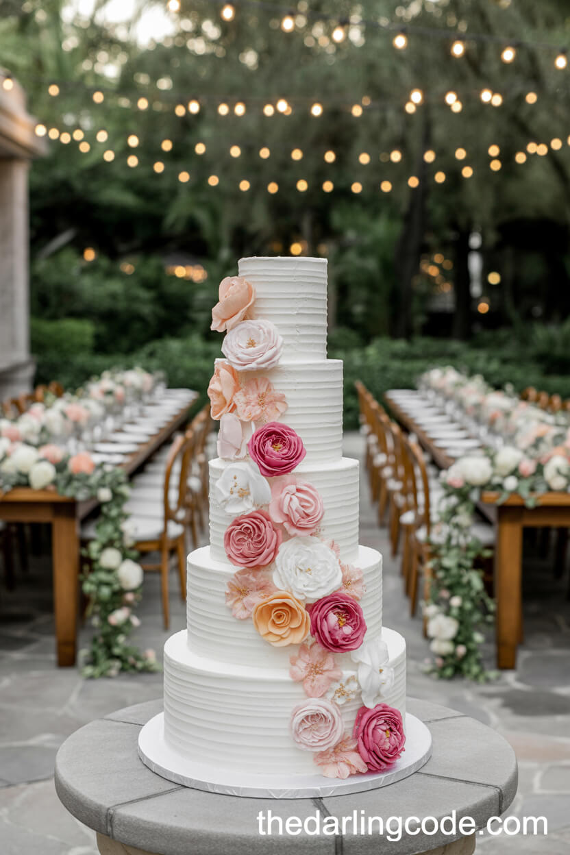 Floral Cascade Cake On Stone Patio Under String Lights