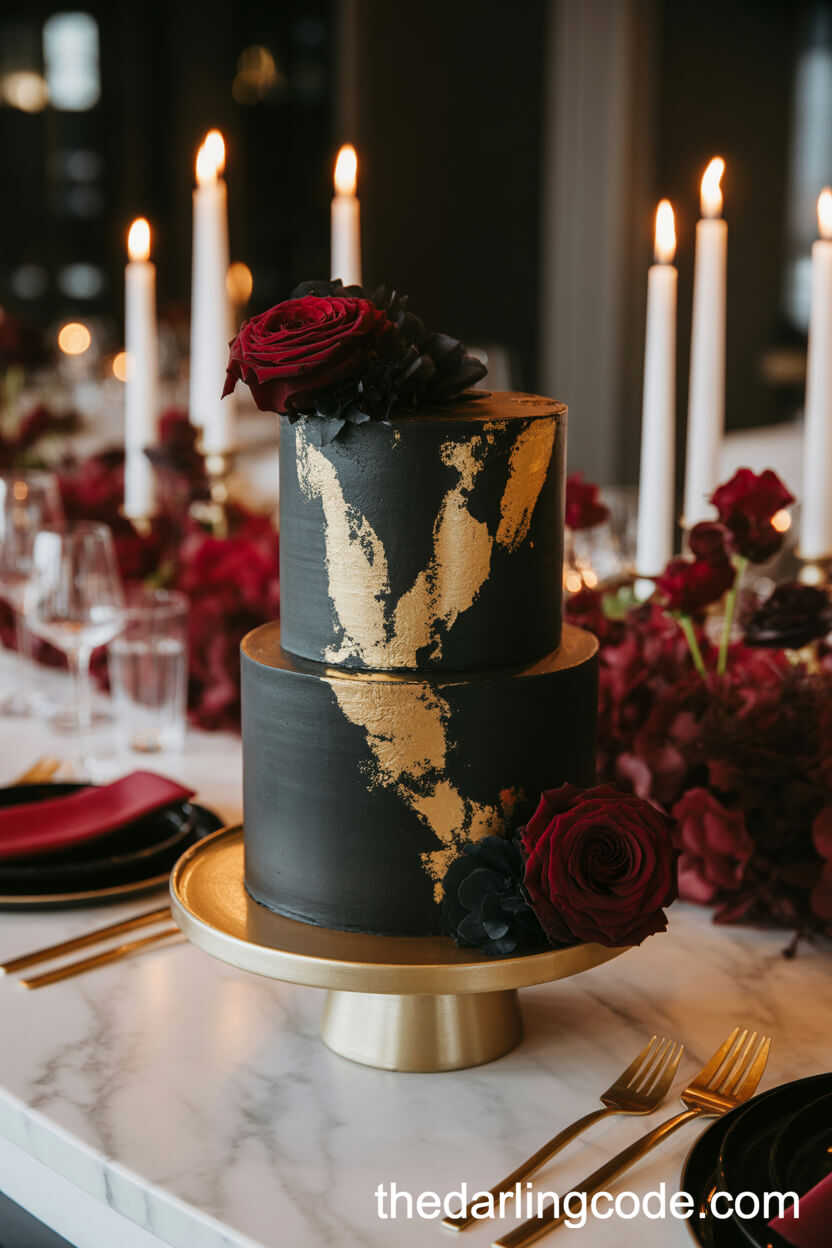 Dramatic Black Fondant Cake With Gold Leaf And Red Roses