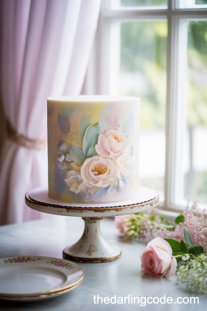Hand-Painted Watercolor Cake With Pastel Floral Designs