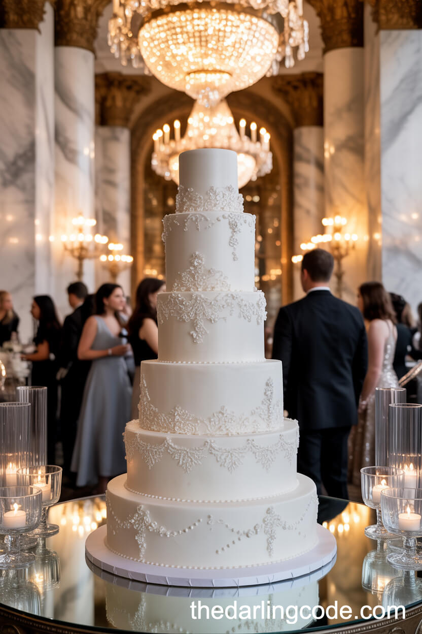 Glamorous Five-Tiered Cake With Sugar Crystals And Silver Leaf