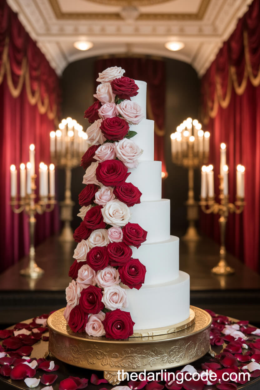 Opulent Six-Tiered Cake Cascading With Red And Blush Roses